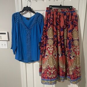 Blue Blouse and Colorful Maxi Skirt Set 2x nwt